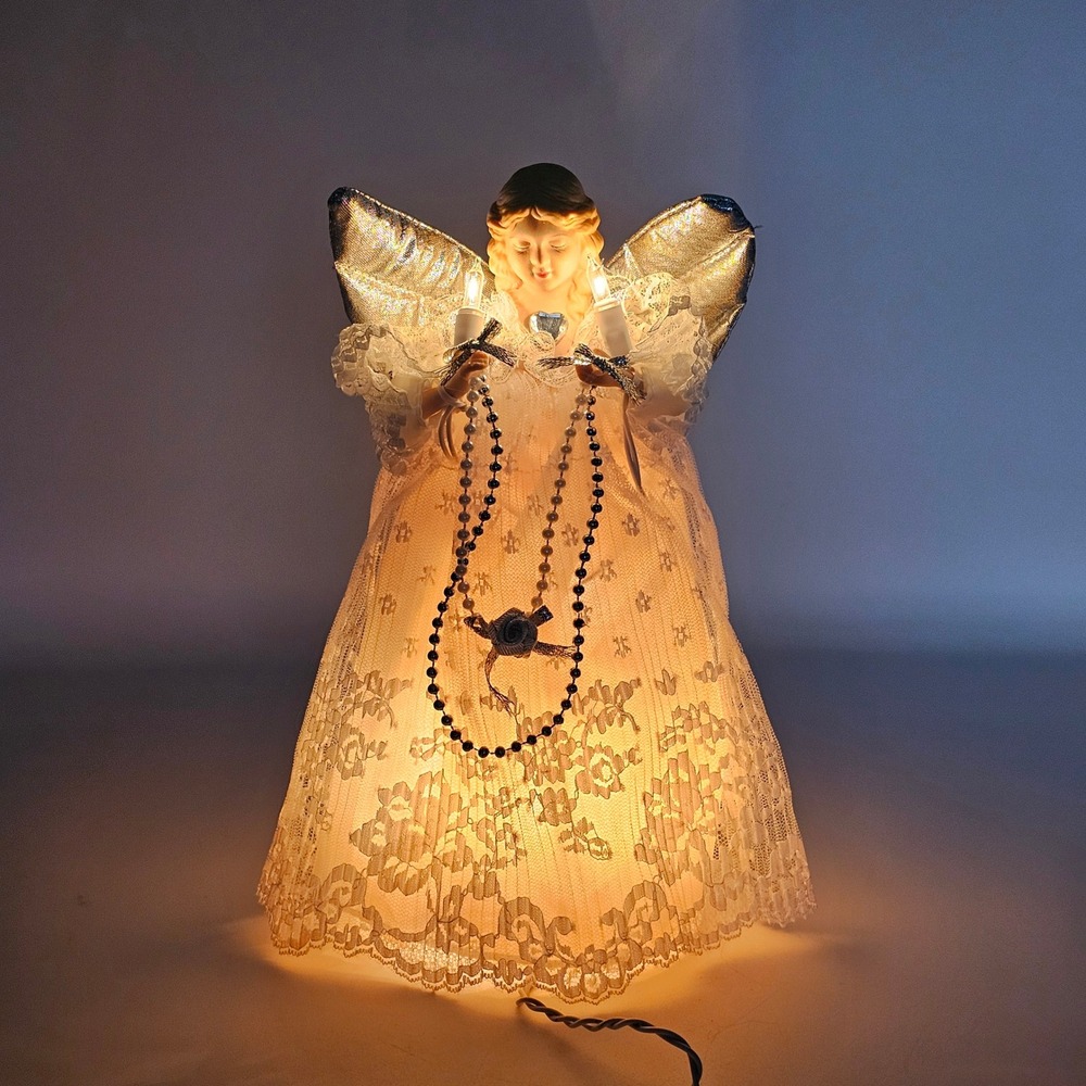 Vintage Light Angel Porcelain Head 10 Light Tree Topper Ivory Lace Silver Wings